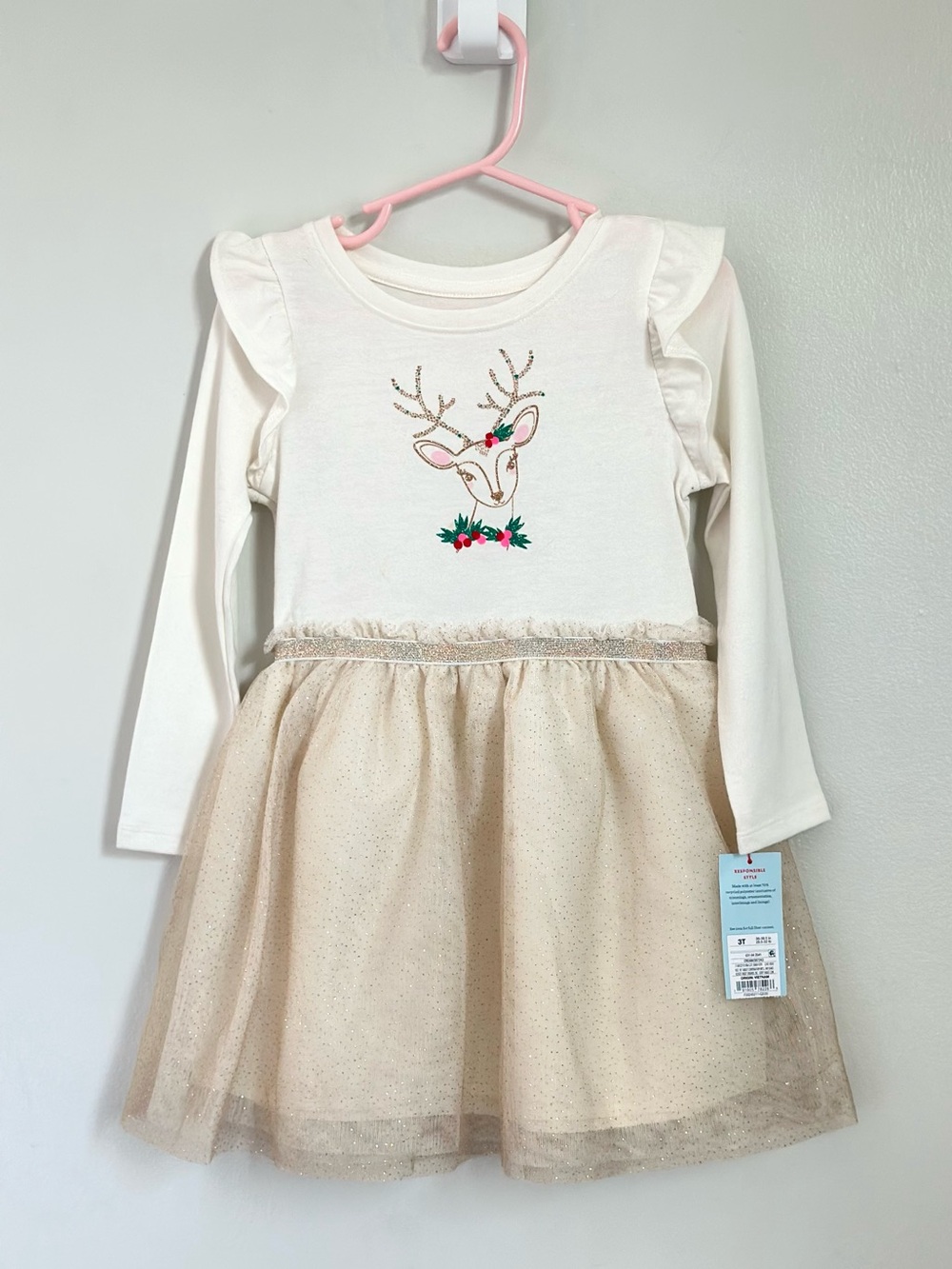 NWT Cat & Jack Girls 3T Christmas Reindeer Tulle Glitter Dress